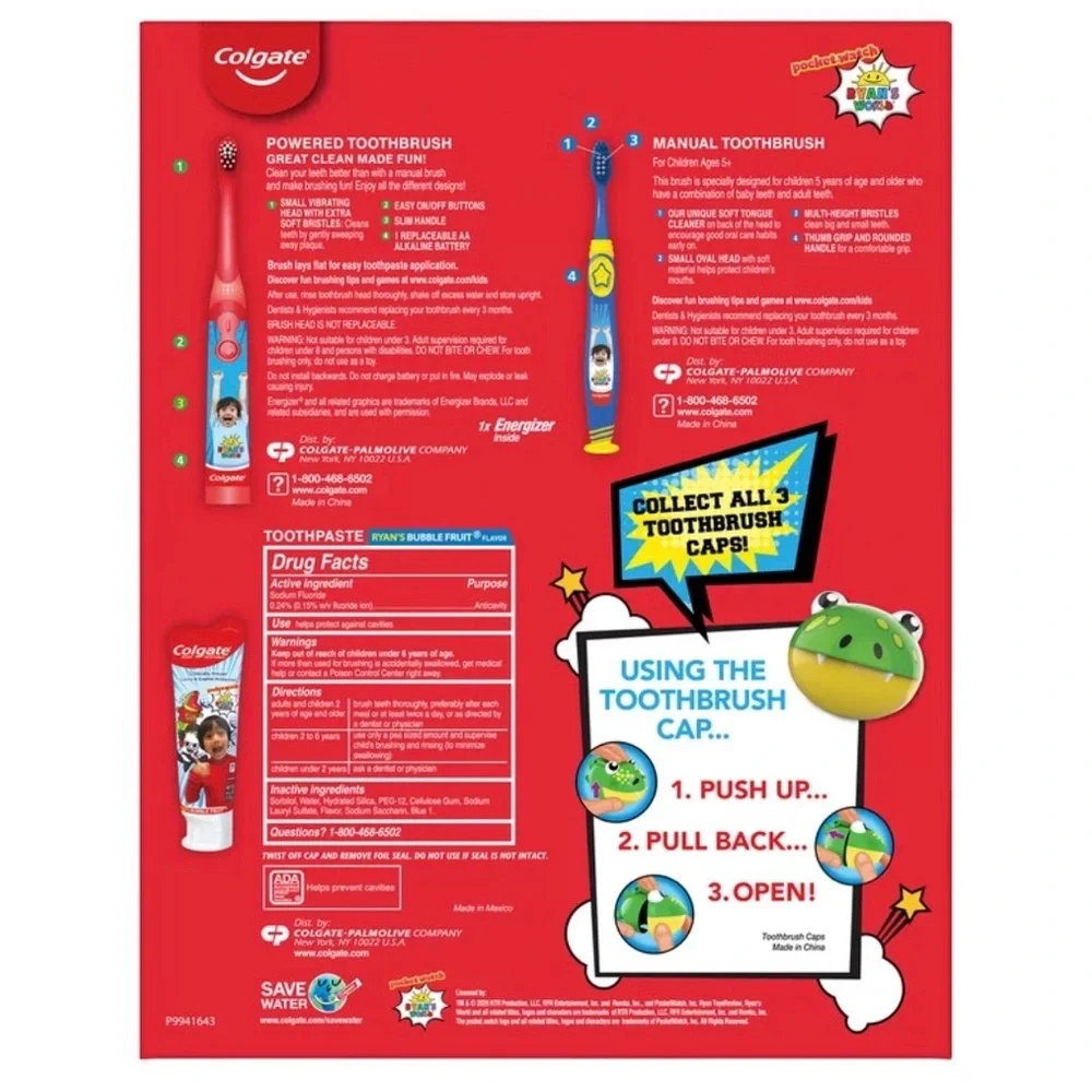 4pc set Ryan's World Colgate manual & electric Toothbrush &‎ toothbrush Cover
